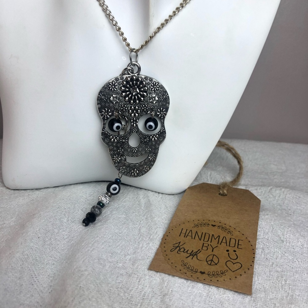 Handmade by: Kayk Silver tone Skull Necklace w/Picasso Jasper accent #199
